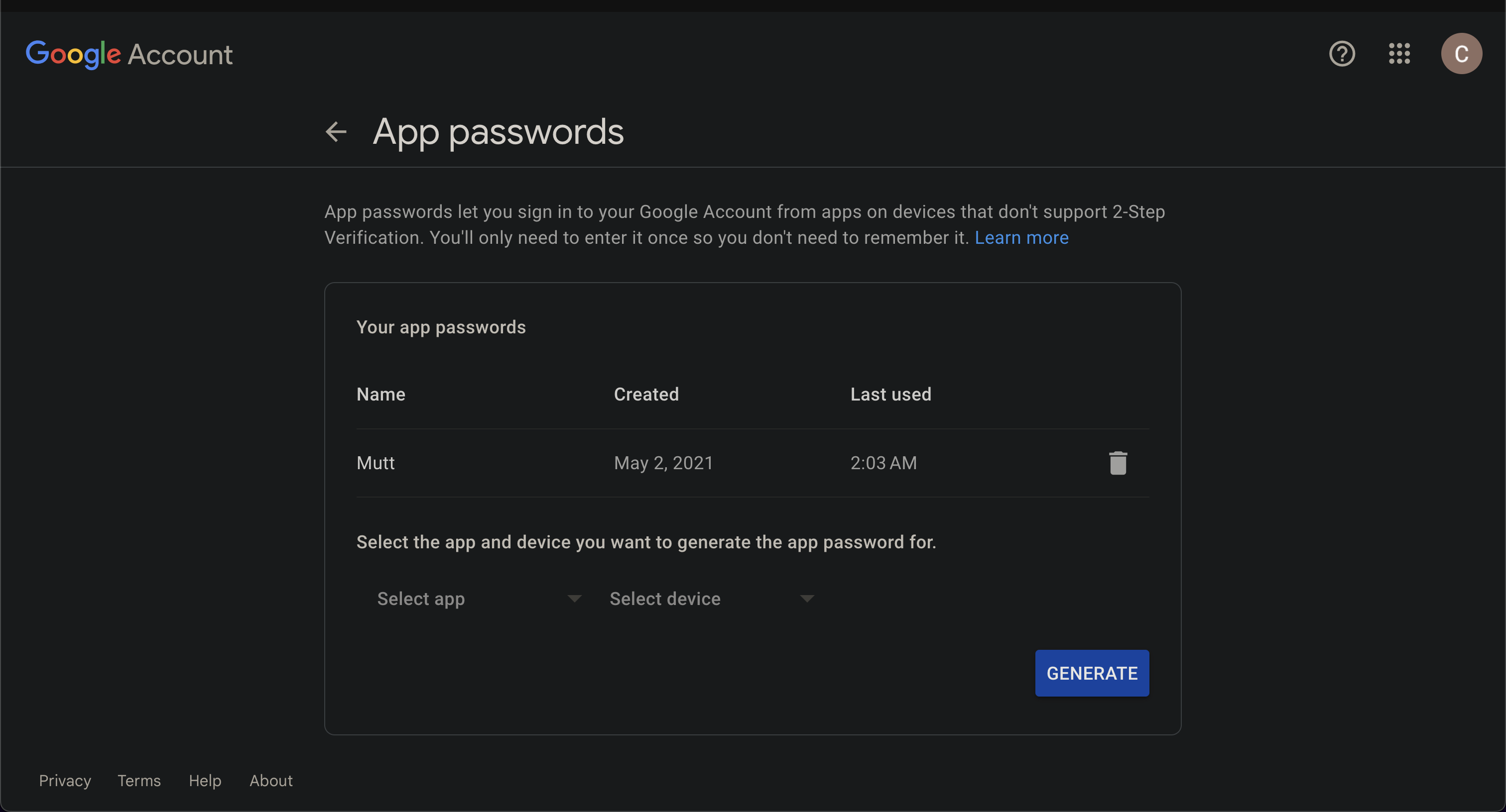 Google app password